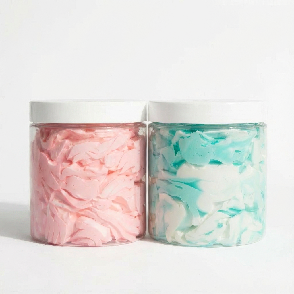 Two containers with pink and blue marbled contents on a white background