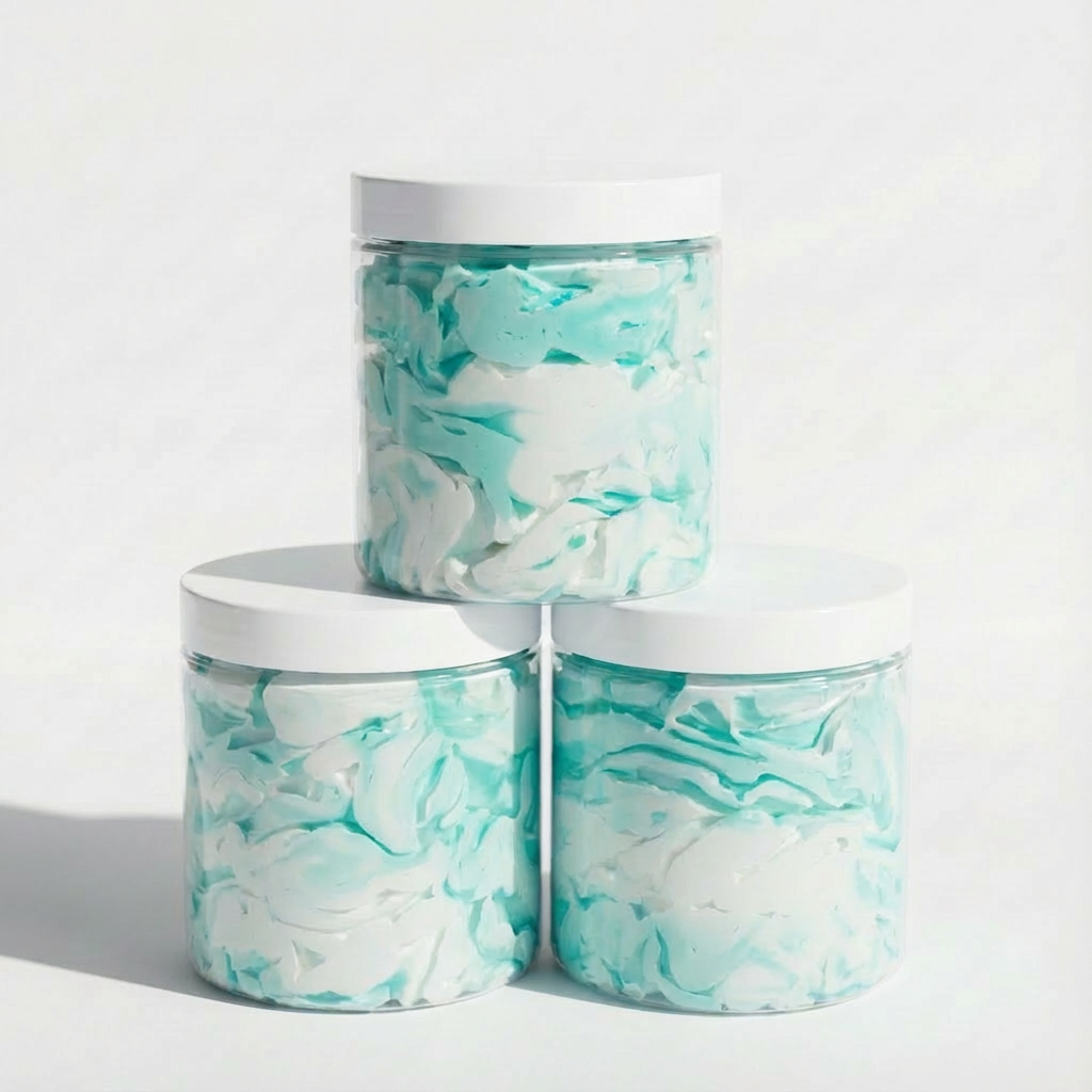 Three cylindrical containers with marble-like turquoise and white pattern on a light gray background