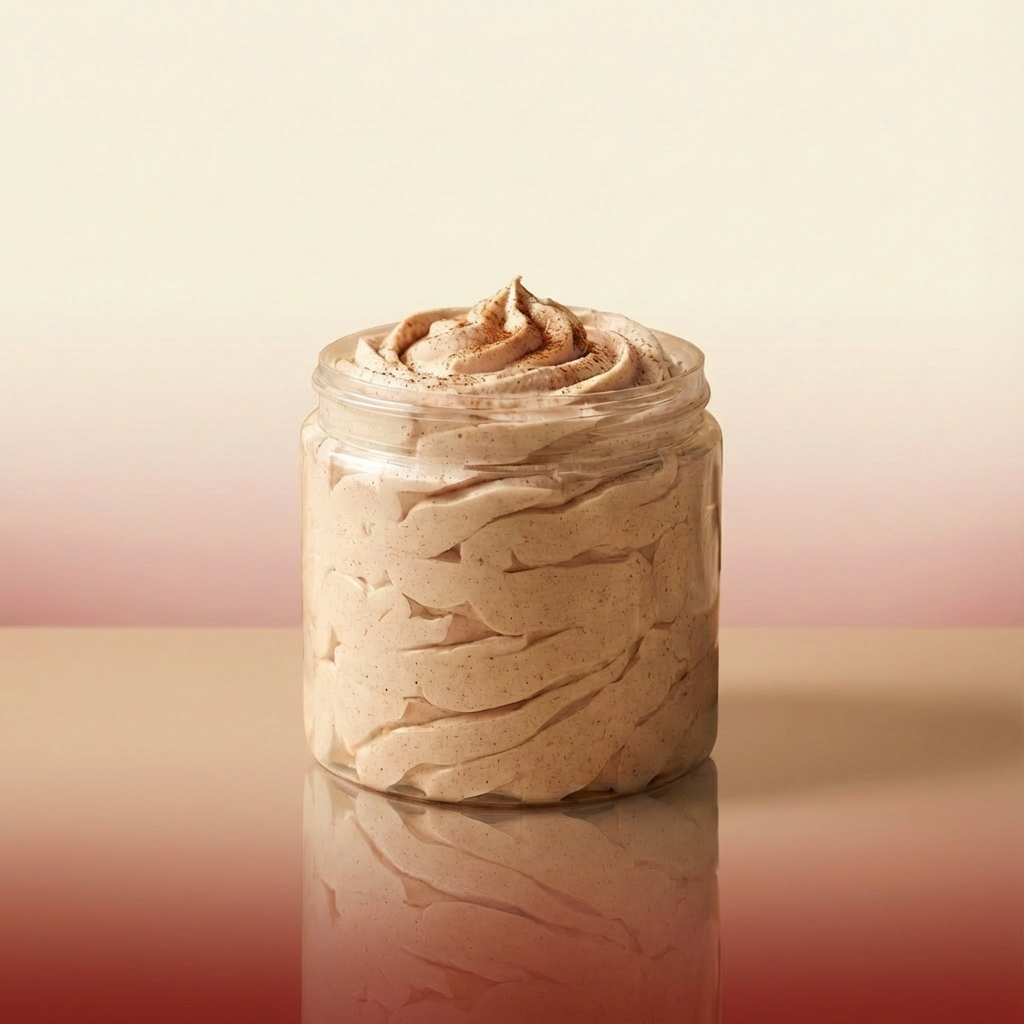 Jar of brown cream on a reflective surface with a gradient background