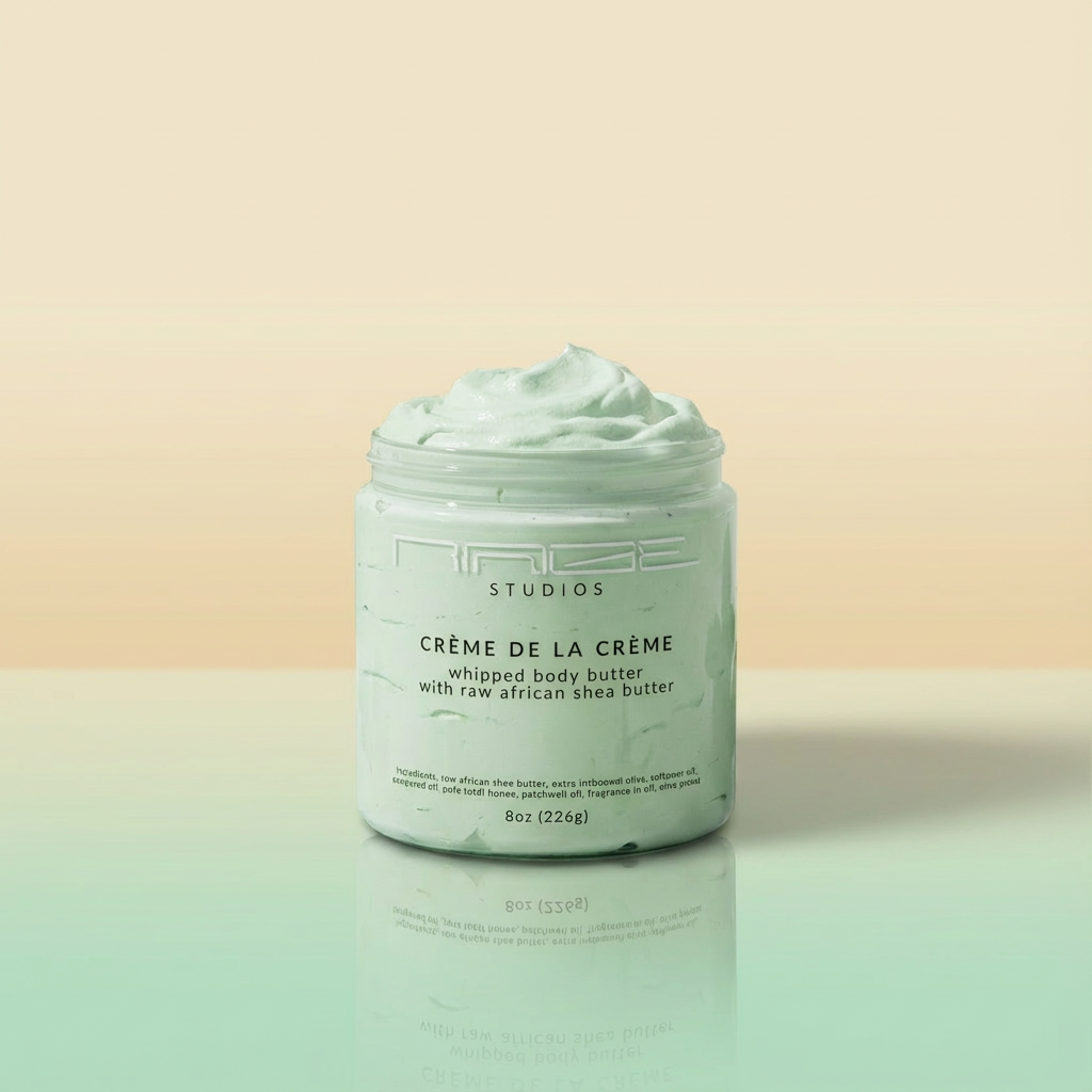 Jar of crème de la crème whipped body butter on a gradient background