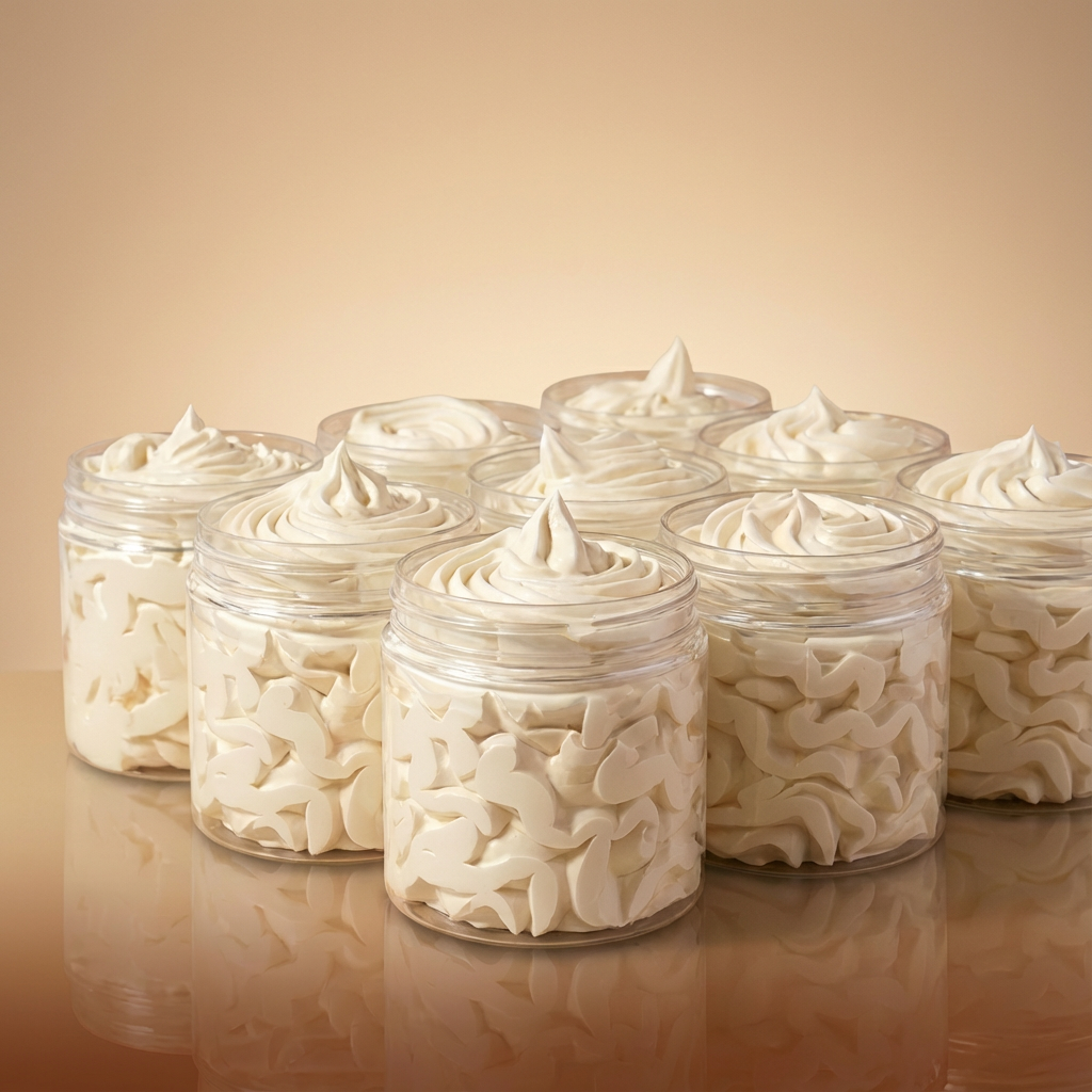 Jars filled with white cream against a beige background
