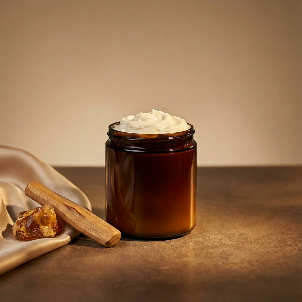 Amber jar with whipped cream on a brown background