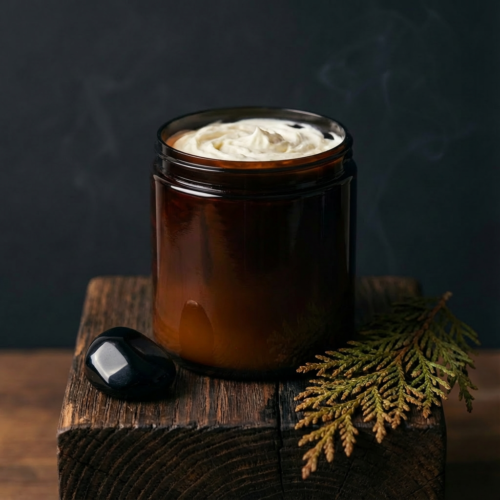 Dark glass jar with creamy contents on a wooden surface with a dark background