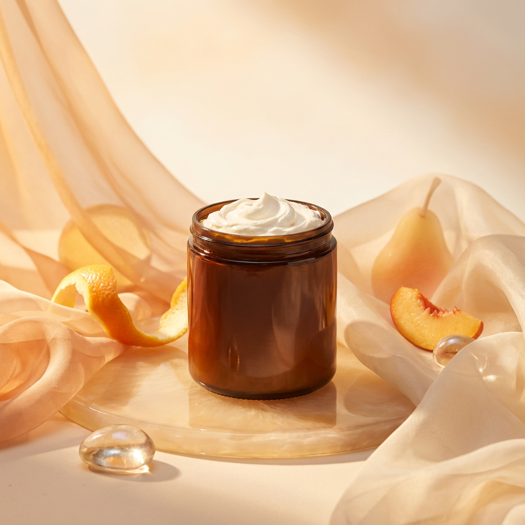 Jar of cream with sliced peaches and a sheer fabric background
